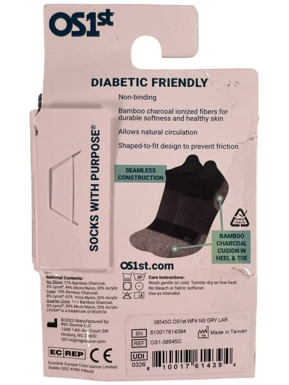 OS1st Wellness Performance Socks NoShow Diabetic Friendly Gray Charcoal Sz L NEW